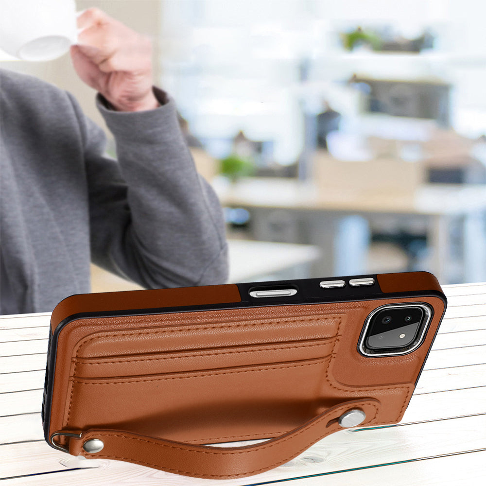 Til Samsung Galaxy A22 5G (EU-version) Kickstand-etui YB Læderbelægning Series-5-kortholder TPU-telefoncover Til Samsung Galaxy A22 5G (EU-version) Kickstand-etui YB Læderbelægning Series-5-kortholder TPU-telefoncover